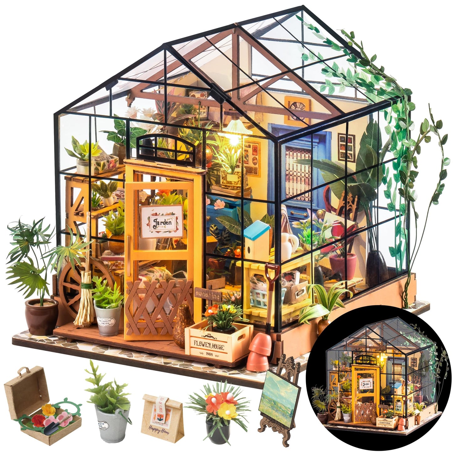 Rolife DIY Miniatures Dollhouse Kit Miniature Greenhouse DIY Craft Kits for Adult to Build Tiny House Model with Lights and Removable Model Plants Birthday Gift for Friends (Caseys Greenhouse)