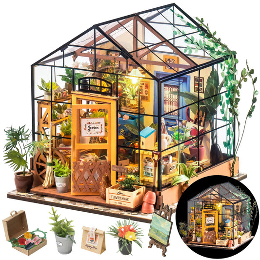 Rolife DIY Miniatures Dollhouse Kit Miniature Greenhouse DIY Craft Kits for Adult to Build Tiny House Model with Lights and Removable Model Plants Birthday Gift for Friends (Caseys Greenhouse)
